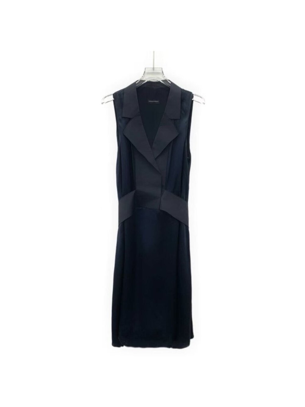 Armani Dark Navy Silk Lapel Sleeveless Dress